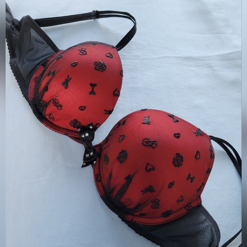 Victoria's Secret Vintage Y2K Red And Black Mesh Logo Push Up Lace Bra 34D